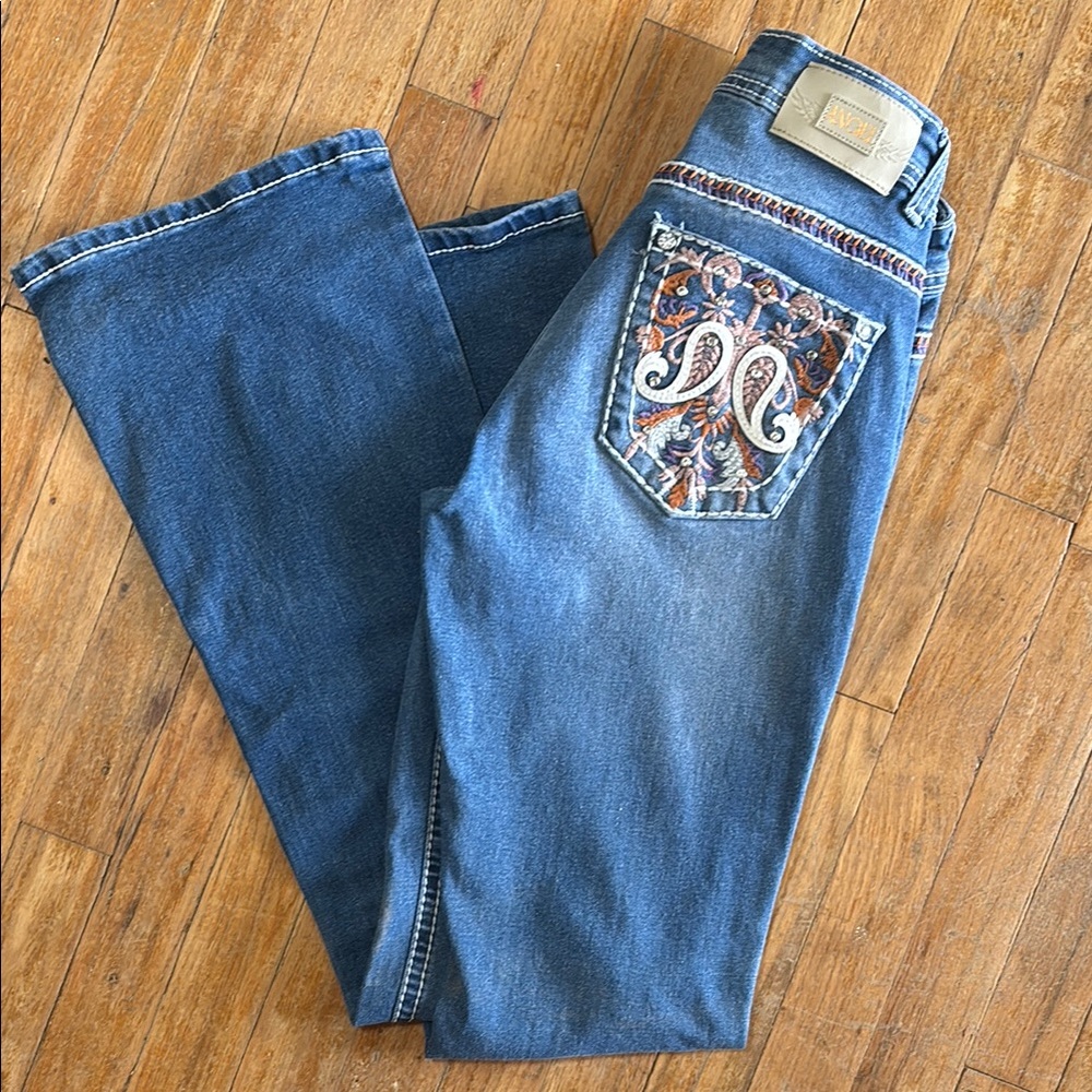 Angel Blue Flare Wide Leg Jeans with Stylish Embroidery